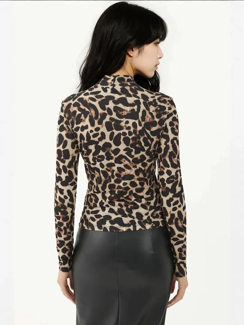 HICCUP Leopard Print Half Turtleneck Top