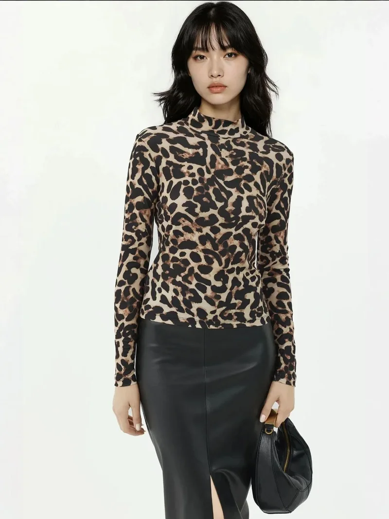HICCUP Leopard Print Half Turtleneck Top