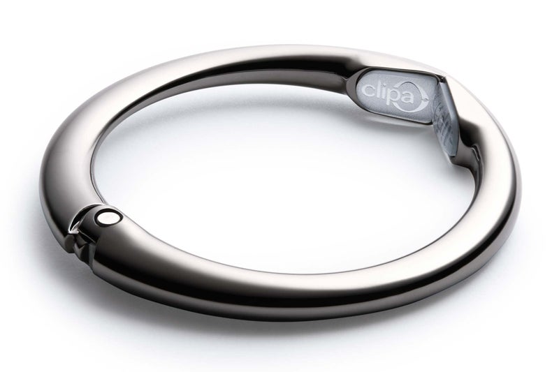 Clipa Bag Hanger - Polished Hematite PVD - The Ring That Opens Into a Hook and Hangs in Just 1/2" of Space, Holds 33 lbs., 3 yr. Warranty - Image 2