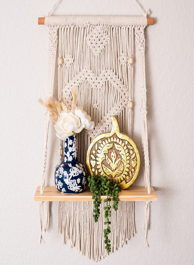 SnugLife Macrame Wall Hanging Shelf - Tier Wall Shelves with Handmade Woven Rope - Boho Shelves Organizer Hanger for Kitchen, Bathroom, Home Storage, Floating Indoor Plant Wall Shelf (1 Tier) - Image 2
