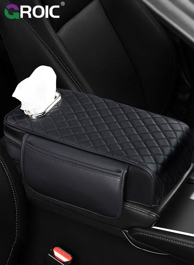 3 in 1 Car Armrest Cushion, Car Tissue Box, Car Center Console Cushion Pad Waterproof Leather, Autos Armrest Pad, Car Armrest Cover, Armrest Cushion with Tissue Holder, Car Accessories (Black)