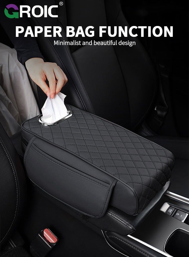GROIC 3 in 1 Car Armrest Cushion, Car Tissue Box, Car Center Console Cushion Pad Waterproof Leather, Autos Armrest Pad, Car Armrest Cover, Armrest Cushion with Tissue Holder, Car Accessories (Black) - Image 2