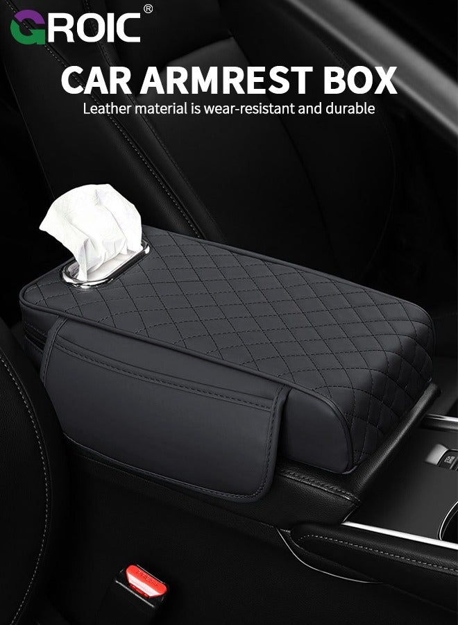GROIC 3 in 1 Car Armrest Cushion, Car Tissue Box, Car Center Console Cushion Pad Waterproof Leather, Autos Armrest Pad, Car Armrest Cover, Armrest Cushion with Tissue Holder, Car Accessories (Black) - Image 3