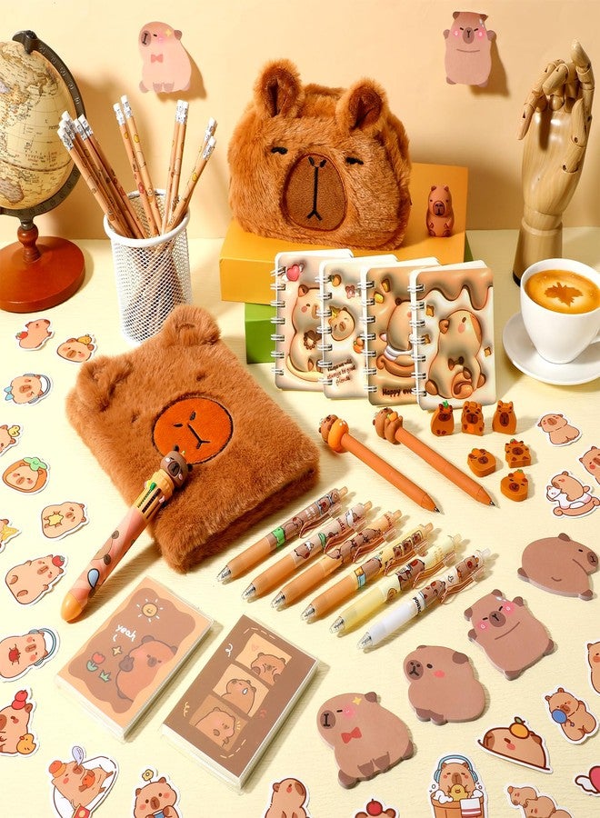 Saypacck 83 Pcs Capybara School Gift Kawaii Stationery Set 10 in 1 Ballpoint Pen Plush Capybara Notebook Sticky Note Mechanical Pencil Spiral Book Pencilcase for Back to School Birthday Christmas Gift - Image 3