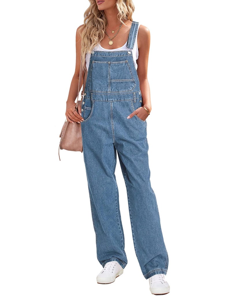 luvamia Overalls Women Loose Fit Denim Bib Baggy Overall Jumpsuit Straight Wide Leg Stretchy Jean Pants Fashion A3 Blue Shadow Size X-Large Fits US 16-18 - Image 1