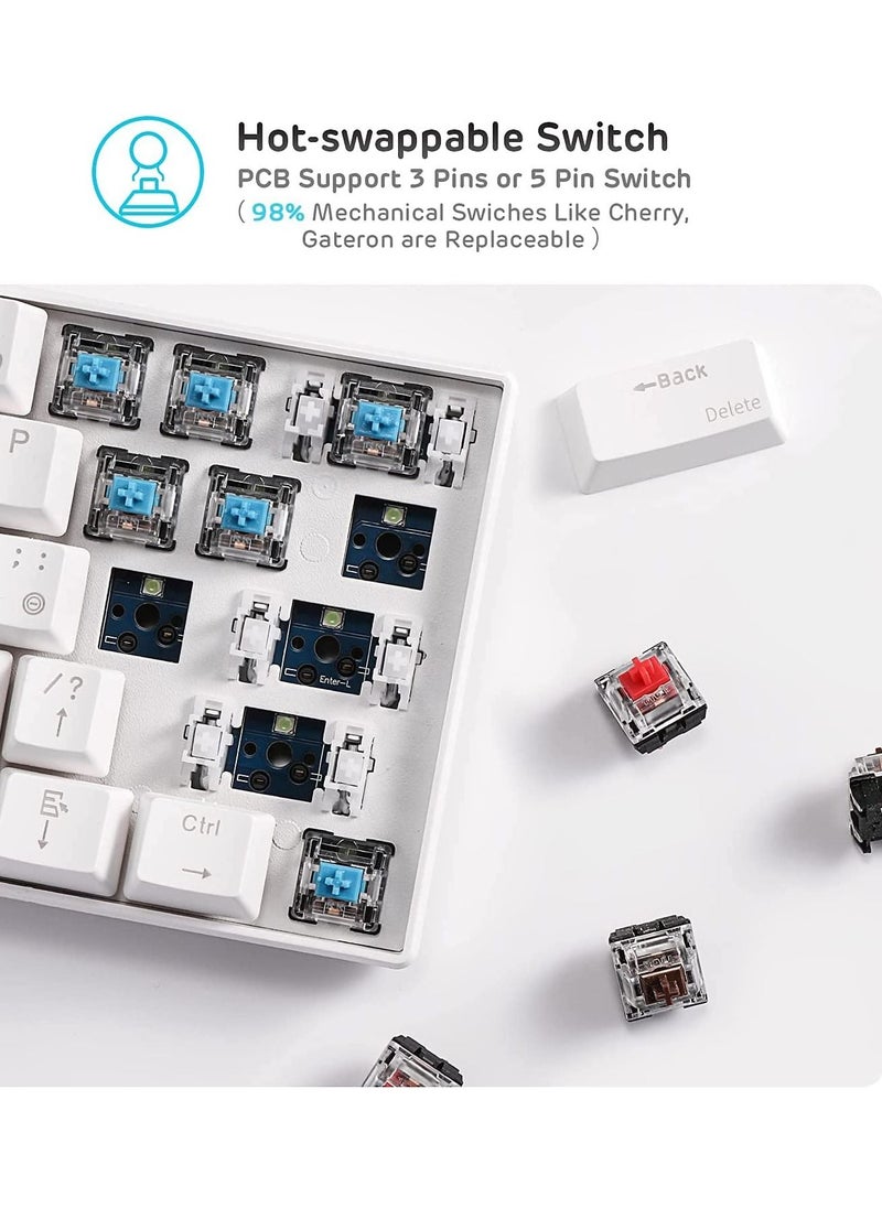 Generic - RK61 Wireless 60% Mechanical Gaming Keyboard, Ultra-Compact Bluetooth Keyboard with Tactile Blue Switches, Compatible for Multi-Device Connection, White - Image 1
