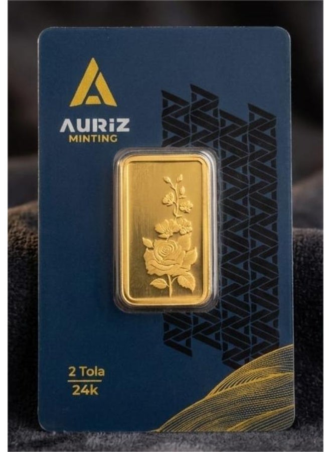 AURIZ MINTING Rizan Jewellery - Auriz Minting 2 Tola 24K Gold Bar Rose Flower Design - Image 1