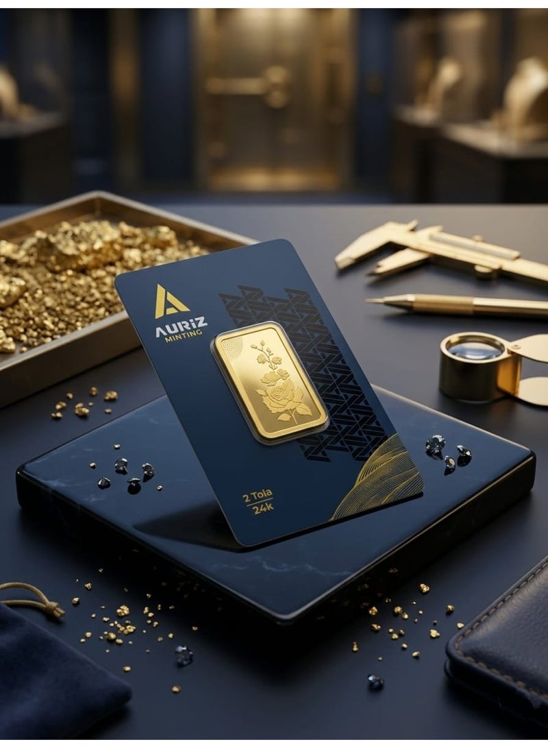 AURIZ MINTING Rizan Jewellery - Auriz Minting 2 Tola 24K Gold Bar Rose Flower Design - Image 3