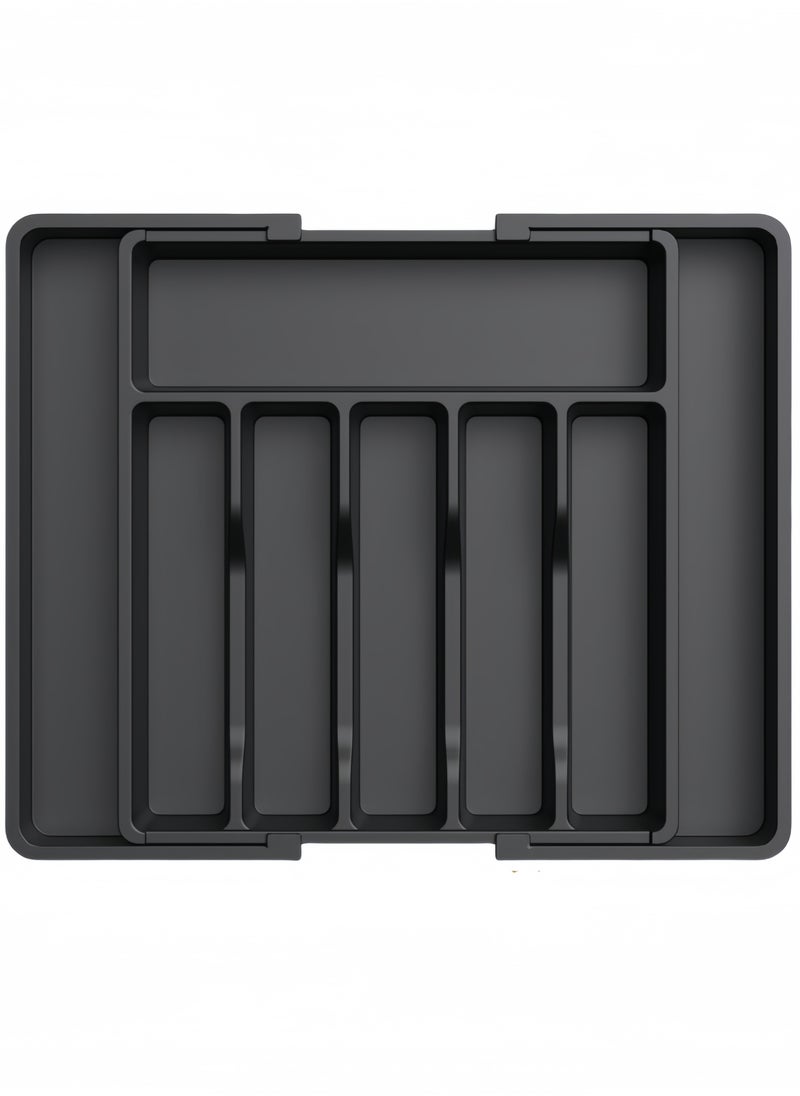 nihao Silverware Drawer Organizer, Expandable Utensil Tray for Kitchen, BPA Free Flatware and Cutlery Holder, Adjustable Plastic Storage for Spoons Forks Knives, Large, Black,33-57*38*5 CM  - Image 1