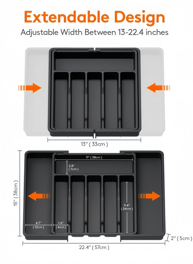 nihao Silverware Drawer Organizer, Expandable Utensil Tray for Kitchen, BPA Free Flatware and Cutlery Holder, Adjustable Plastic Storage for Spoons Forks Knives, Large, Black,33-57*38*5 CM  - Image 3
