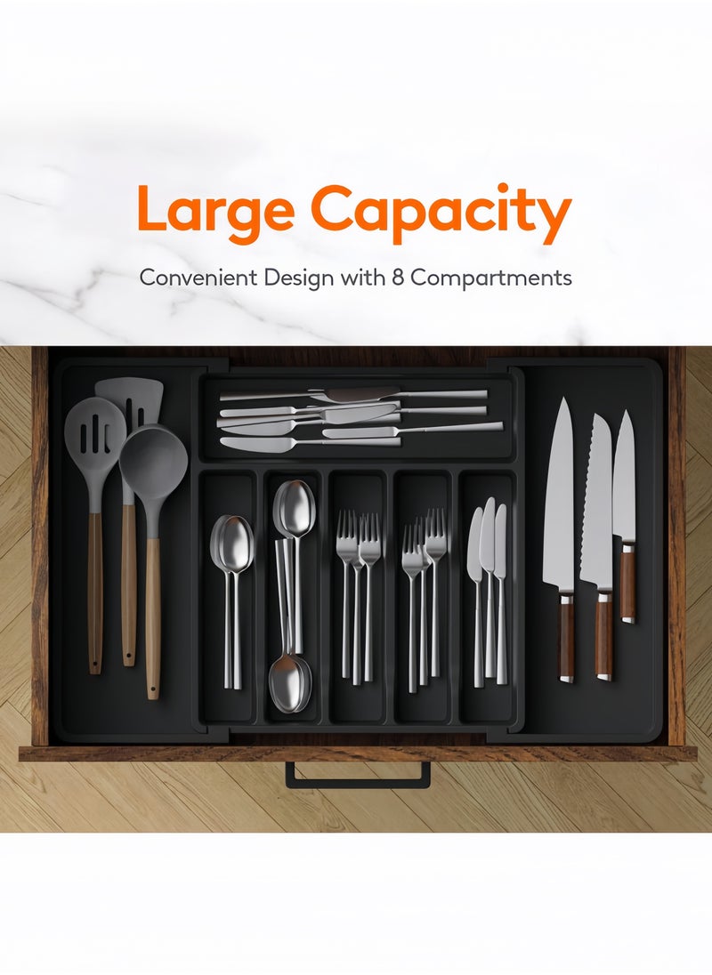 nihao Silverware Drawer Organizer, Expandable Utensil Tray for Kitchen, BPA Free Flatware and Cutlery Holder, Adjustable Plastic Storage for Spoons Forks Knives, Large, Black,33-57*38*5 CM  - Image 2