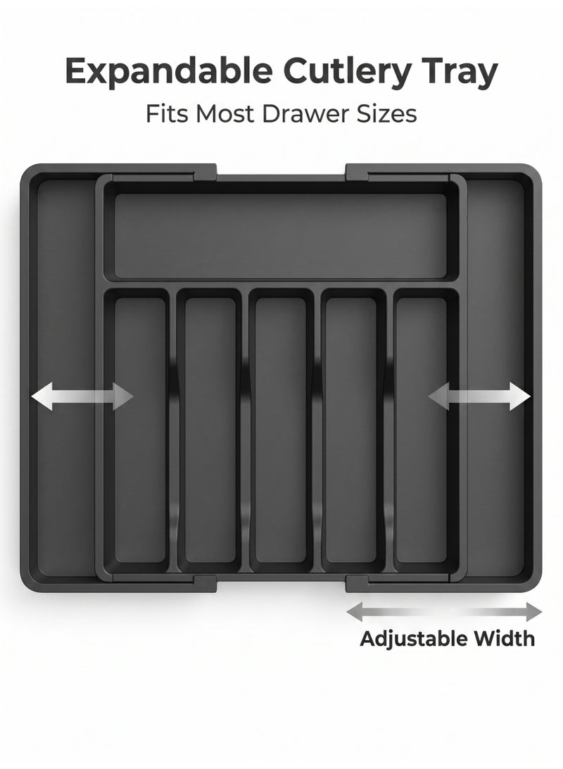 nihao Silverware Drawer Organizer, Expandable Utensil Tray for Kitchen, BPA Free Flatware and Cutlery Holder, Adjustable Plastic Storage for Spoons Forks Knives, Large, Black,33-57*38*5 CM - Image 1