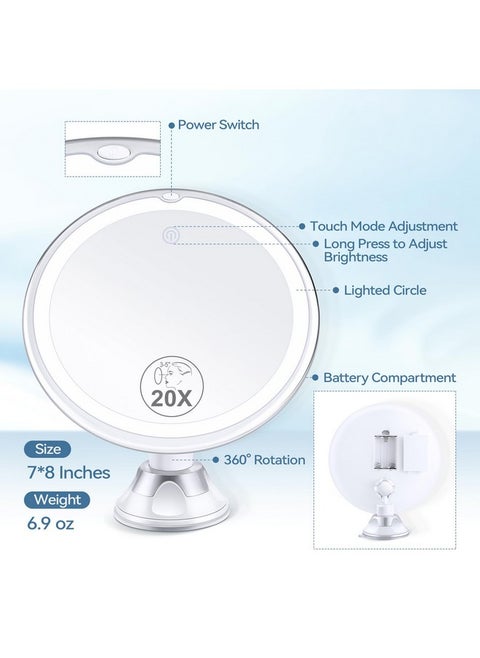 2024 Upgraded Magnifying Mirror With Light, 20X Lighted Magnifying Mirror With Suction Cup And Tweezers, 3 Colors Vanity Mirror, 360 Rotation, Makeup Mirror With Lights 8 Inches
