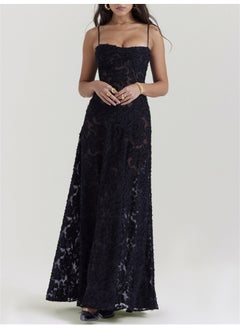 Madam Uniq Floral Jacquard Tie-Back Waist-Defining Maxi Dress with Spaghetti Straps  - Image 4