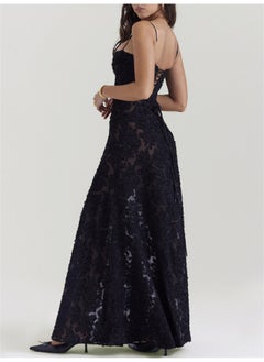 Madam Uniq Floral Jacquard Tie-Back Waist-Defining Maxi Dress with Spaghetti Straps  - Image 2