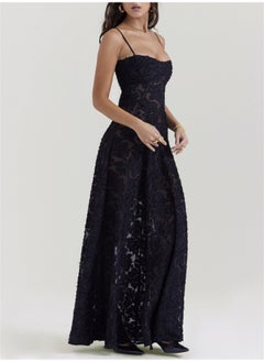 Madam Uniq Floral Jacquard Tie-Back Waist-Defining Maxi Dress with Spaghetti Straps  - Image 3