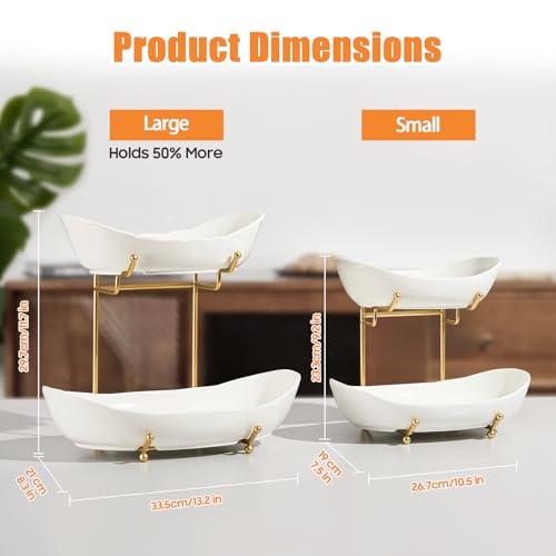HOMKULA 2 Tier Ceramic Fruit Bowl for Kitchen Counter, Tiered Fruit Basket for Countertop, Modern Multi Layer Fruit Display Stand for Party, Cute (Gold&White, Large) - Image 5
