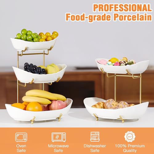 HOMKULA 2 Tier Ceramic Fruit Bowl for Kitchen Counter, Tiered Fruit Basket for Countertop, Modern Multi Layer Fruit Display Stand for Party, Cute (Gold&White, Large) - Image 2