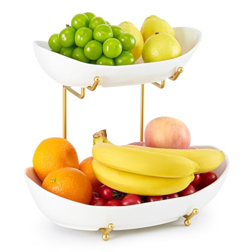 HOMKULA 2 Tier Ceramic Fruit Bowl for Kitchen Counter, Tiered Fruit Basket for Countertop, Modern Multi Layer Fruit Display Stand for Party, Cute (Gold&White, Large) - Image 1
