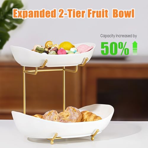 HOMKULA 2 Tier Ceramic Fruit Bowl for Kitchen Counter, Tiered Fruit Basket for Countertop, Modern Multi Layer Fruit Display Stand for Party, Cute (Gold&White, Large) - Image 3