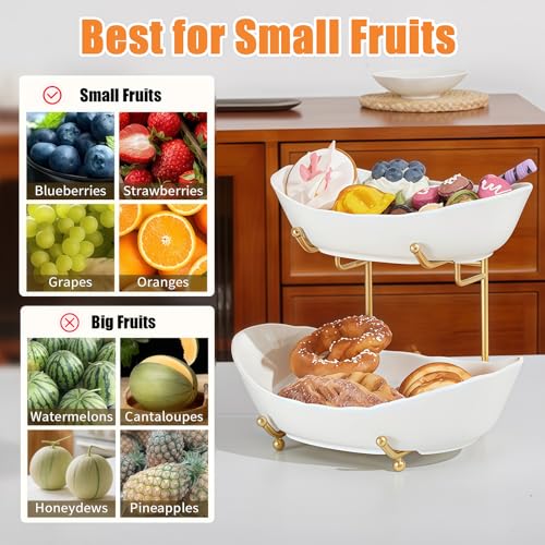 HOMKULA 2 Tier Ceramic Fruit Bowl for Kitchen Counter, Tiered Fruit Basket for Countertop, Modern Multi Layer Fruit Display Stand for Party, Cute (Gold&White, Large) - Image 4