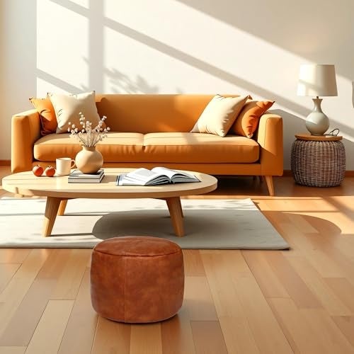 Thgonwid Unstuffed Faux Leather Pouf Cover, Handmade Footstool Ottoman Storage Solution, Floor Footrest Cushion, 16.5”Dx12”H, Amaretto - Image 4