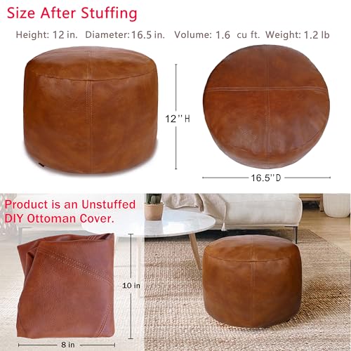 Thgonwid Unstuffed Faux Leather Pouf Cover, Handmade Footstool Ottoman Storage Solution, Floor Footrest Cushion, 16.5”Dx12”H, Amaretto - Image 2