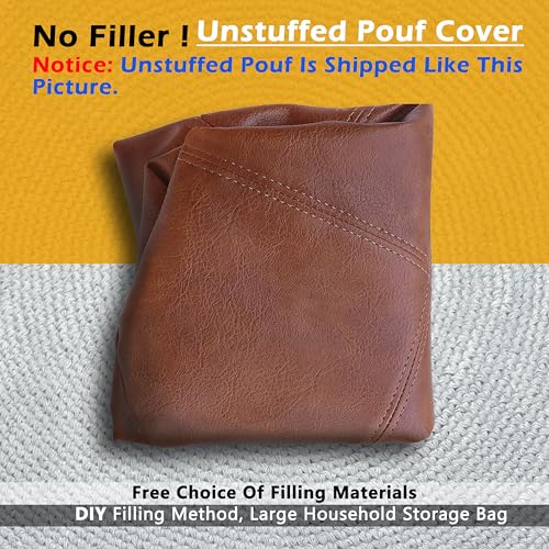 Thgonwid Unstuffed Faux Leather Pouf Cover, Handmade Footstool Ottoman Storage Solution, Floor Footrest Cushion, 16.5”Dx12”H, Amaretto - Image 3
