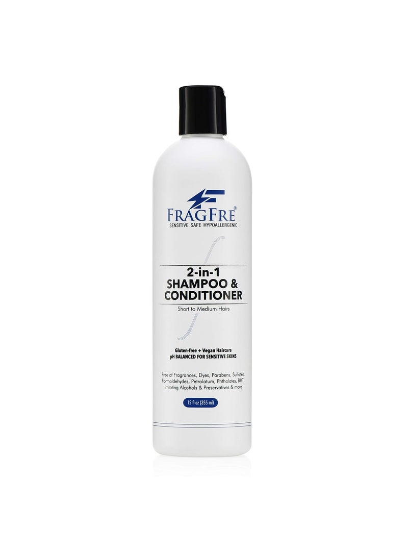 FRAGFRE 2 in 1 Shampoo and Conditioner 12 oz - Fragrance Free Conditioning Shampoo for Short to Medium Hairs - Color Safe Wash and Go - Sulfate Free Cleansing Conditioner for Sensitive Scalps (1 Pack) 