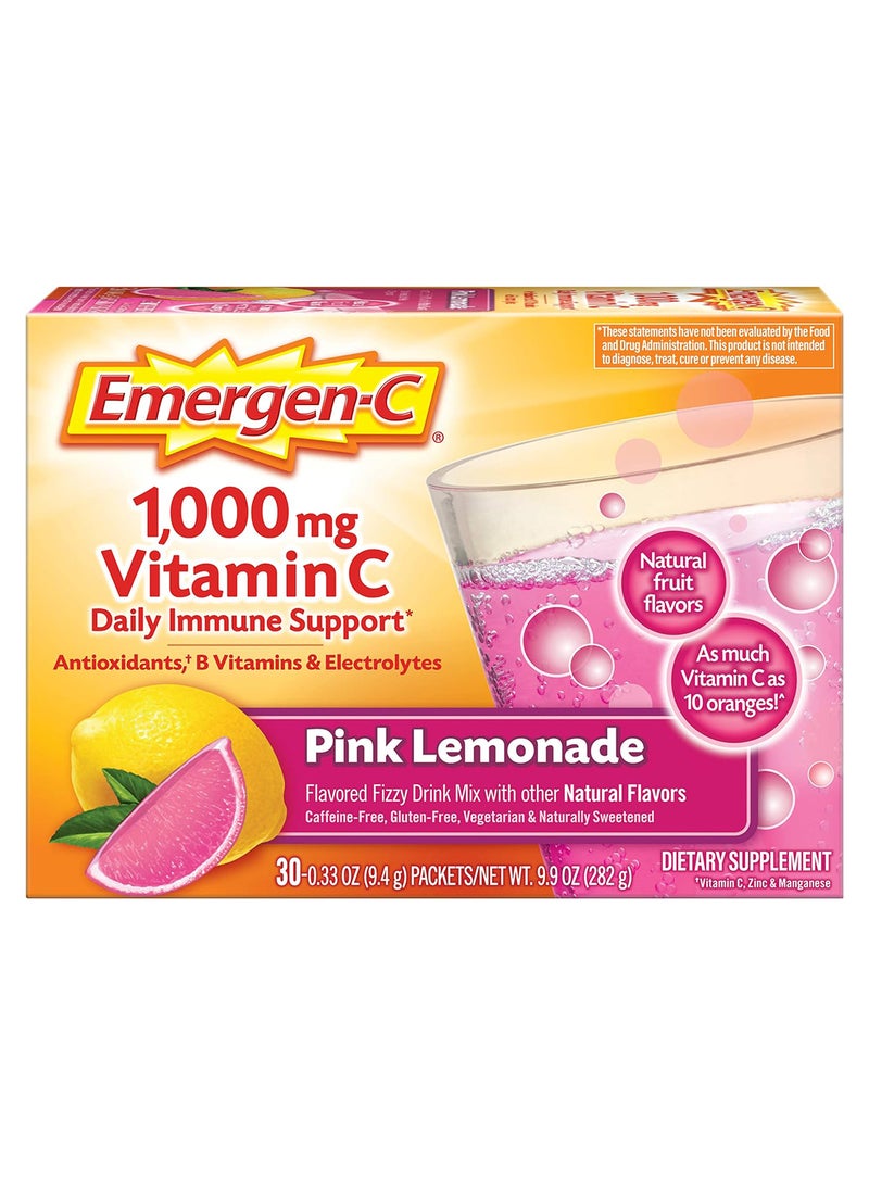إميرجن-سي Emergen-C 1000 مجم مسحوق فيتامين C مع مضادات الأكسدة وفيتامينات B والإلكتروليتات بنكهة الليمون الوردي 30 قطعة - Image 1