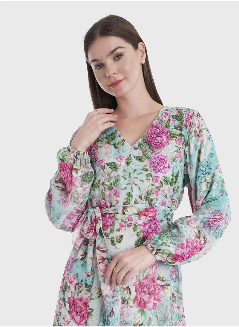 كشخة Floral Print Tiered Handwork Dress