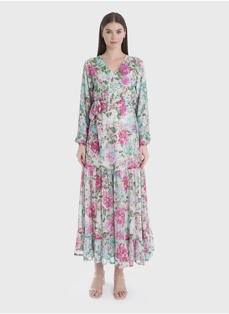 كشخة Floral Print Tiered Handwork Dress