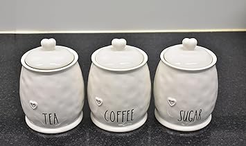 Deenz Set Of 3 Ceramic Tea Coffee Sugar White Storage Jars Shabby Chic Heart Design Lid Home Decor - Image 5