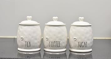 Deenz Set Of 3 Ceramic Tea Coffee Sugar White Storage Jars Shabby Chic Heart Design Lid Home Decor - Image 1