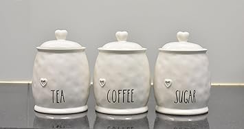 Deenz Set Of 3 Ceramic Tea Coffee Sugar White Storage Jars Shabby Chic Heart Design Lid Home Decor - Image 3