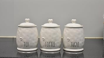 Deenz Set Of 3 Ceramic Tea Coffee Sugar White Storage Jars Shabby Chic Heart Design Lid Home Decor - Image 2