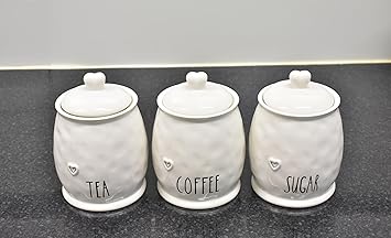 Deenz Set Of 3 Ceramic Tea Coffee Sugar White Storage Jars Shabby Chic Heart Design Lid Home Decor - Image 4