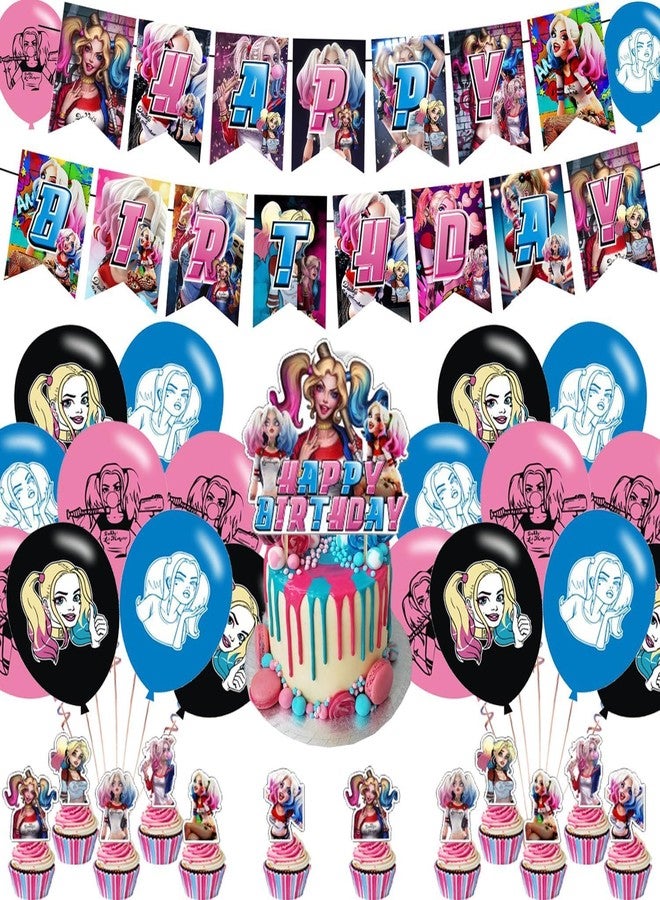 karg Quinn of Harley Birthday Party Supplies, including Cake Topper, Cupcake Toppers, Banner, Latex Balloons,It is Very Suitable for Boy's and Girl Quinn of Harley Themed Birthday Party Supplies. - Image 1