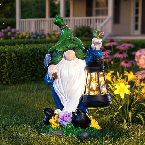 ZQQLITE Solar Garden Gnome Statue – St Patrick’s Day Outdoor Decorations Funny Leprechaun Figurine with LED Lantern Waterproof Resin Leaf Hat Dwarf Sculpture for Patio Lawn Yard Art and Housewarming Gift - Image 1