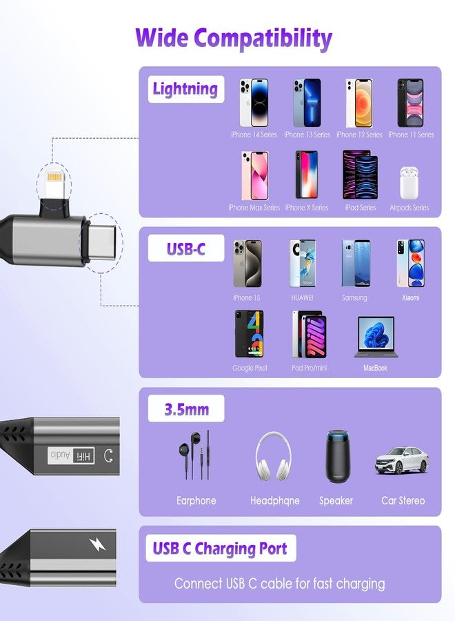 MTAKYI 2-in-2 Lightning/USB C to 3.5mm Aux Audio Jack Headphone+Type-C Magnetic Charge Cable Splitter for iPhone,【Apple MFi Certified】 Earphone Converter Adapter for Music+Charge for iPhone14 13,iPad,Samsung - Image 4