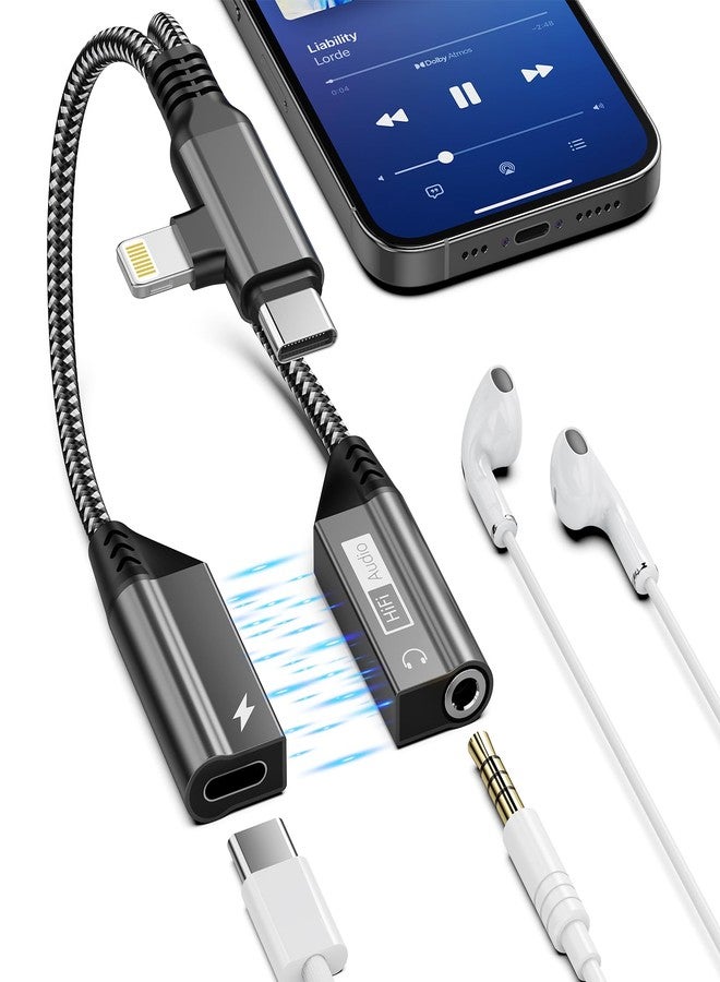 MTAKYI 2-in-2 Lightning/USB C to 3.5mm Aux Audio Jack Headphone+Type-C Magnetic Charge Cable Splitter for iPhone,【Apple MFi Certified】 Earphone Converter Adapter for Music+Charge for iPhone14 13,iPad,Samsung - Image 1