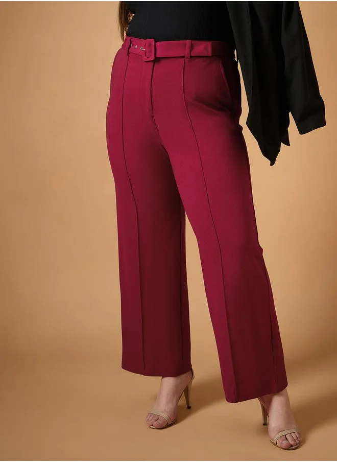 ساسافراس Plus Size Solid Belted Straight Fit Pants with Pintuck Details