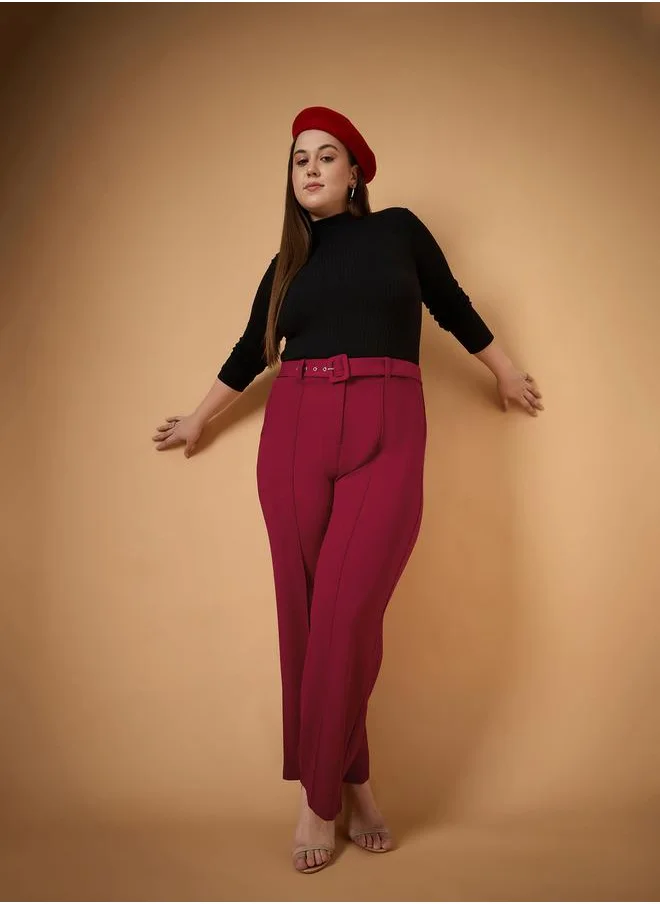 ساسافراس Plus Size Solid Belted Straight Fit Pants with Pintuck Details