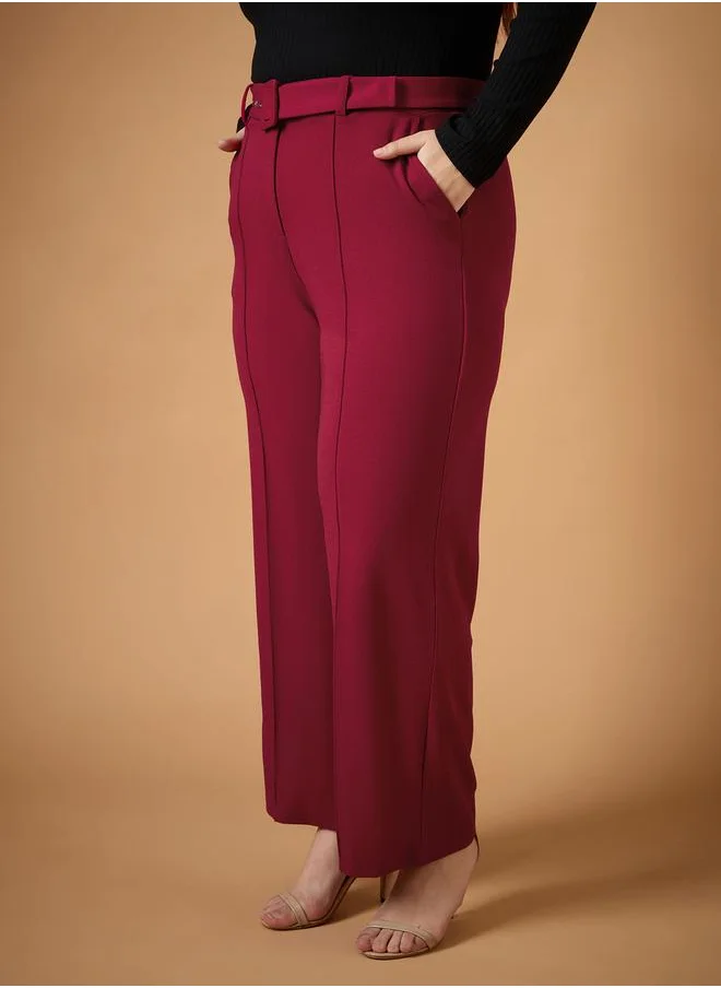 ساسافراس Plus Size Solid Belted Straight Fit Pants with Pintuck Details by Styli