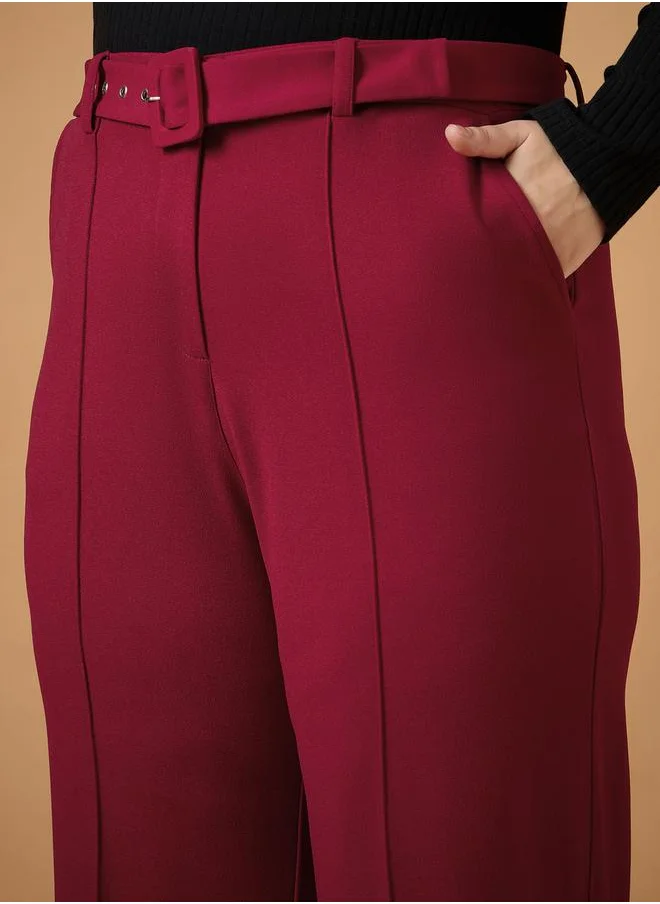 ساسافراس Plus Size Solid Belted Straight Fit Pants with Pintuck Details by Styli