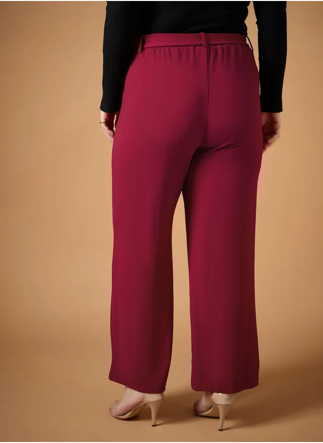 ساسافراس Plus Size Solid Belted Straight Fit Pants with Pintuck Details by Styli