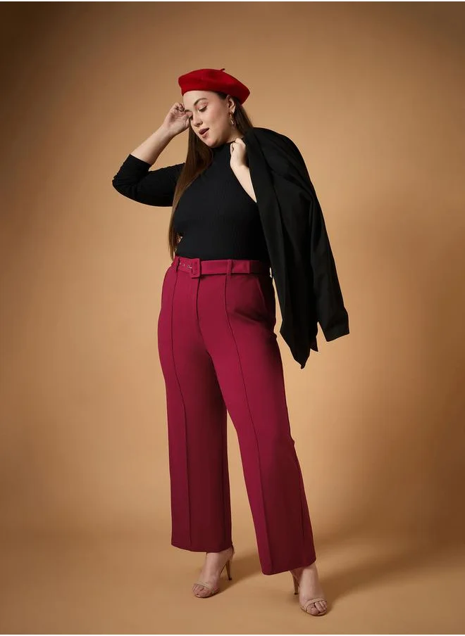 ساسافراس Plus Size Solid Belted Straight Fit Pants with Pintuck Details by Styli