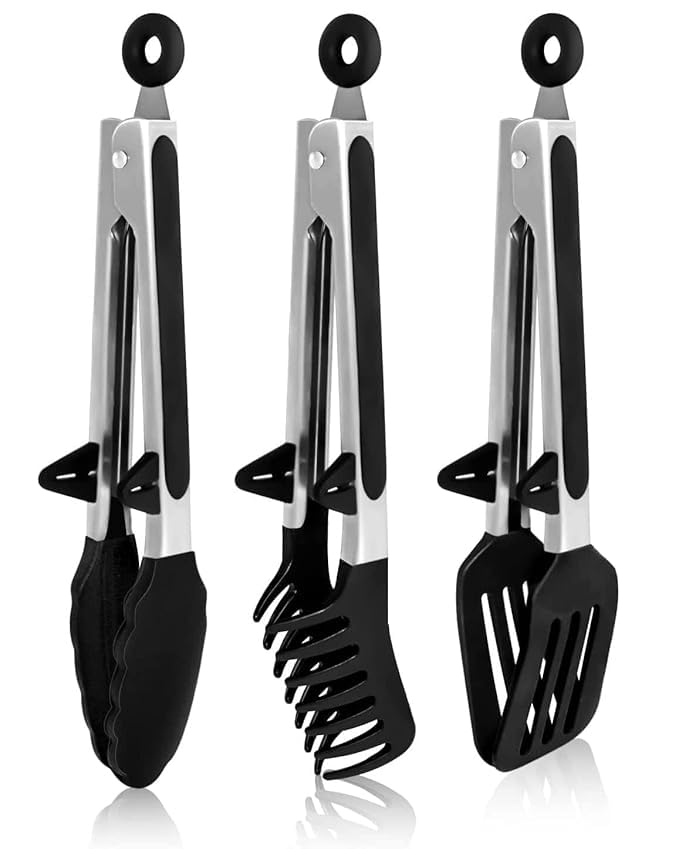 CRENTILA Kitchen Cooking Tongs Set of 3 Types, Stainless Steel-Silicone, Heavy Duty, Non-Stick Food Tong with Silicone Tips for Serving Pasta, Noodles, Pizza, Salad, Vegetable, Fruit, Grilling (Black) - Image 1