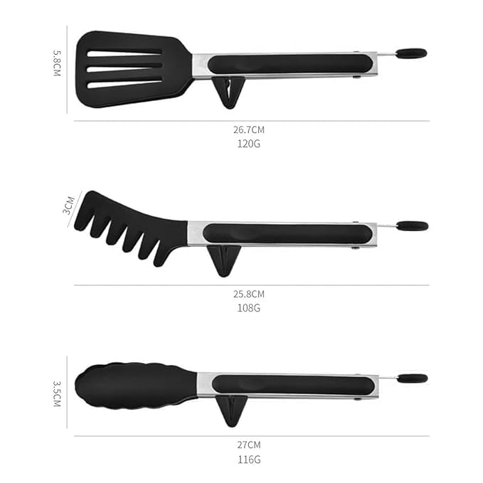 CRENTILA Kitchen Cooking Tongs Set of 3 Types, Stainless Steel-Silicone, Heavy Duty, Non-Stick Food Tong with Silicone Tips for Serving Pasta, Noodles, Pizza, Salad, Vegetable, Fruit, Grilling (Black) - Image 2