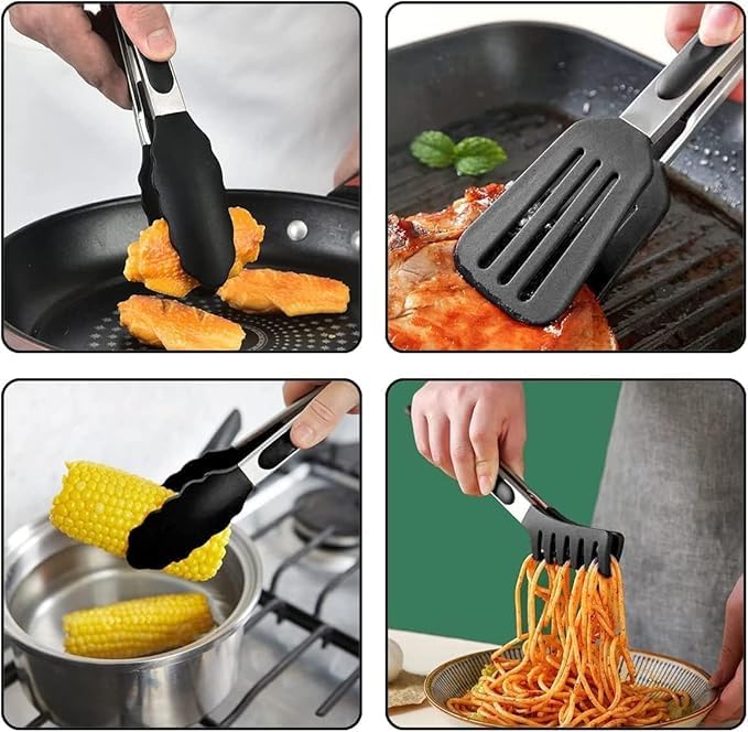CRENTILA Kitchen Cooking Tongs Set of 3 Types, Stainless Steel-Silicone, Heavy Duty, Non-Stick Food Tong with Silicone Tips for Serving Pasta, Noodles, Pizza, Salad, Vegetable, Fruit, Grilling (Black) - Image 5